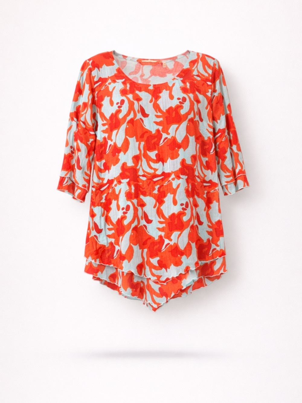 Soft Surroundings Floral Tunic Top Red Aqua Layered Hem Size M